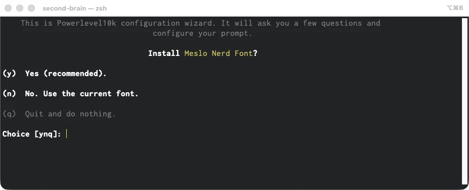Мастер настройки p10k configure — первый вопрос про установку шрифта Meslo Nerd Font