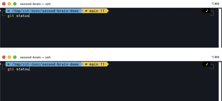 zsh-syntax-highlighting: git status подсвечен зелёным, опечатка gti — красным